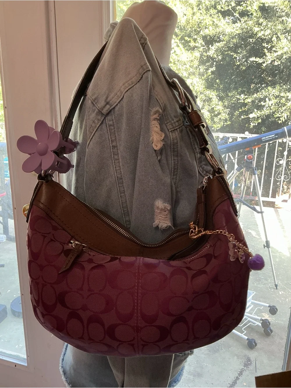 Coach Plum Signature Hobo with Brown Trim and Floral Charm
